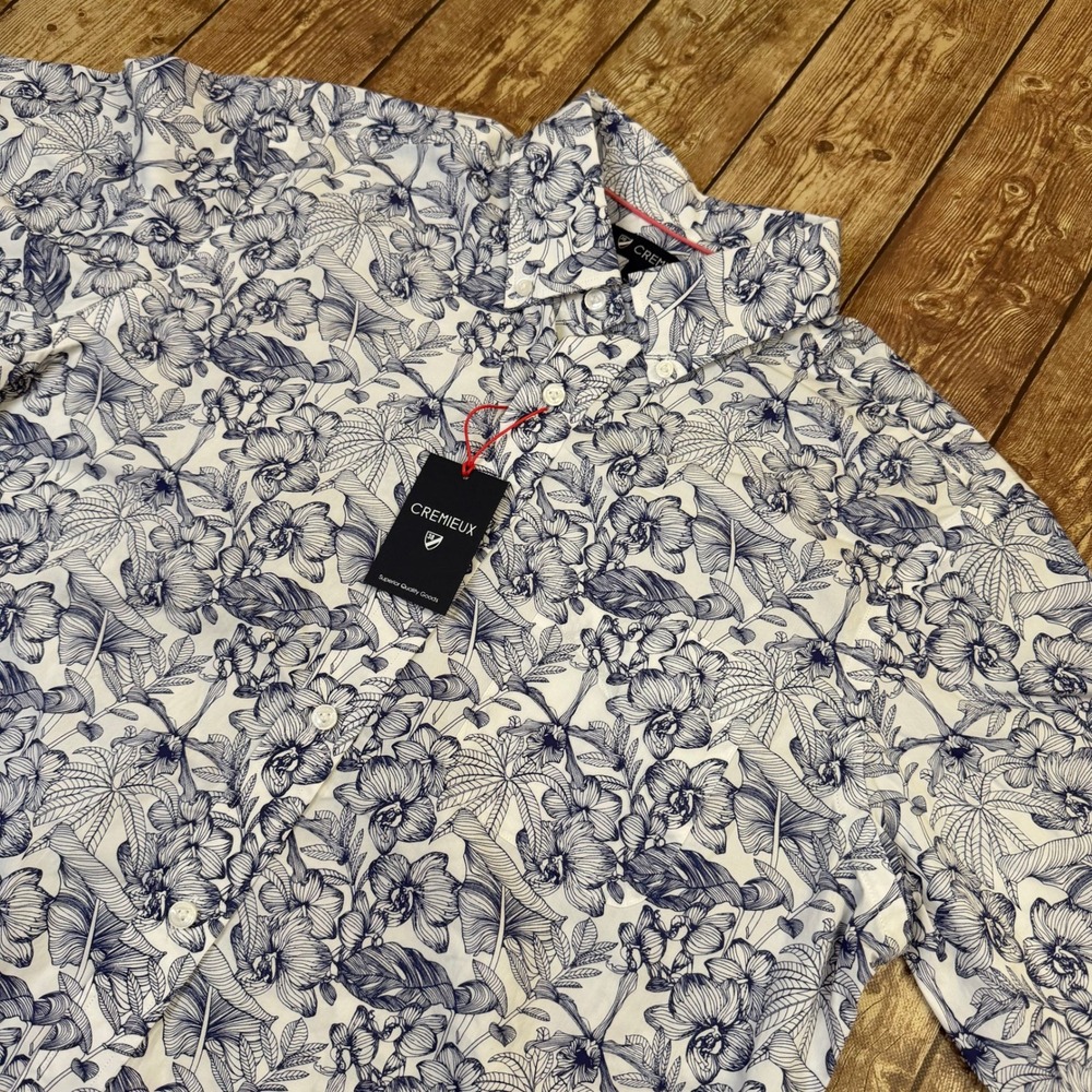 Cremieux Floral Button Up Shirt Mens Medium White Blue Short Sleeve Cotton NWT